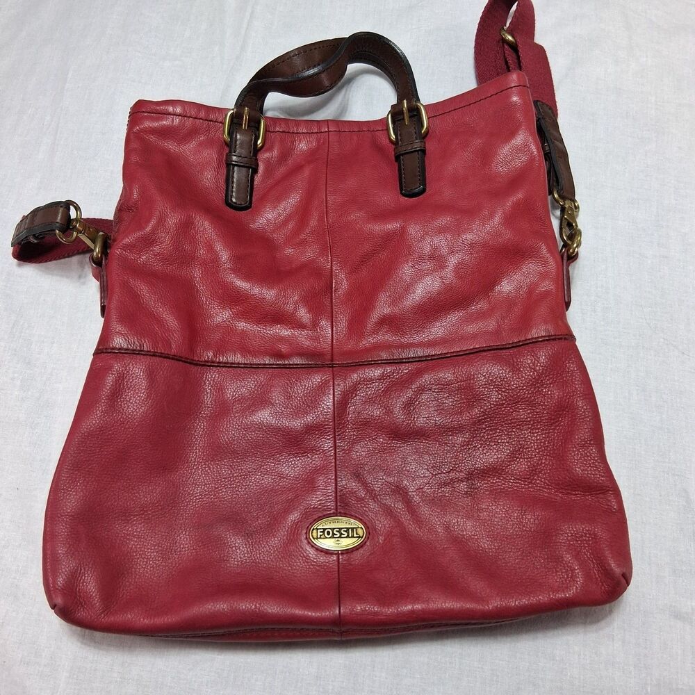 Fossil Explorer Large Tote Crossbody Bag Fold Over Purse Soft Red Leather - Picture 3 of 11